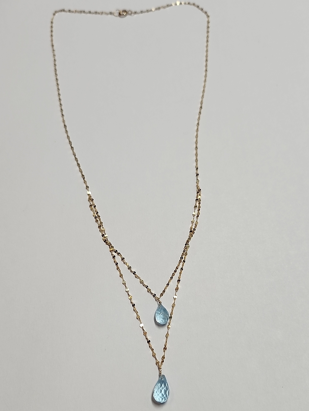 14K Gold Layered Necklace with Blue Topaz Teardrop Pendants